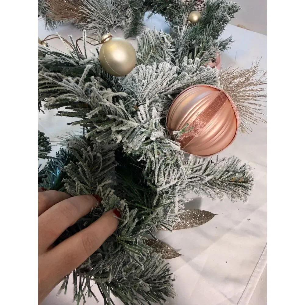 Christmas Garland with Pinecones & Blush Gold Ornaments Unlit Mantel Stair Decor